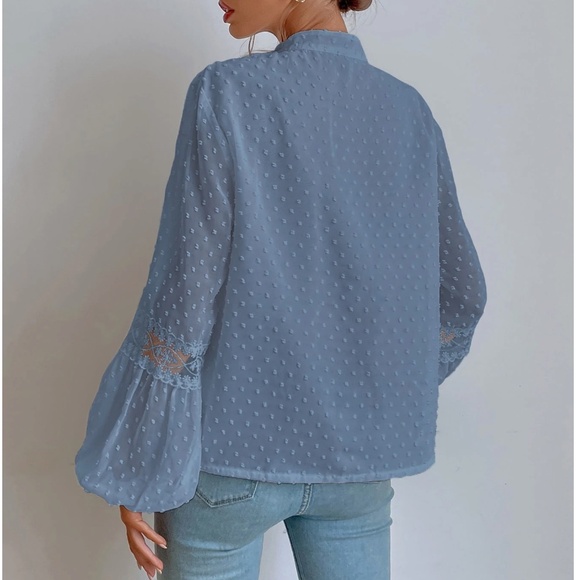 Swiss Dot V neck Tassel Tie Semi Sheer Long sleeve Top - Picture 7 of 11